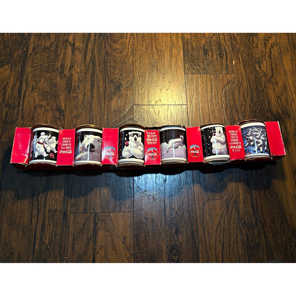 Vintage Coca-Cola Polar Bear Set of 6 16 oz Ceramic Mugs Red/Black/White w/ Box